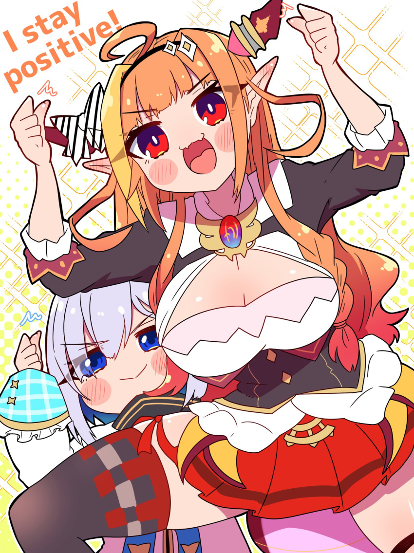 2girls ahoge amane_kanata angel arms_up bangs black_hairband black_jacket blonde_hair blue_eyes blue_hair blush blush_stickers bow breasts bright_pupils brooch checkered checkered_legwear cleavage cleavage_cutout closed_mouth clothing_cutout collared_shirt colored_inner_hair commentary diagonal-striped_bow dragon_girl dragon_horns dragon_tail dragon_wings ear_blush english_commentary english_text eyebrows_visible_through_hair eyes_visible_through_hair fangs feet_out_of_frame frilled_sleeves frills gem gingham hairband highres hip_vent hololive horn_bow horns jacket jewelry kiryu_coco large_breasts long_hair long_sleeves looking_at_viewer miniskirt mixed-language_commentary multicolored_hair multiple_girls open_mouth orange_hair pleated_skirt pointy_ears red_eyes red_skirt sakuramochi_(sakura_frappe) shirt short_hair side-tie_skirt sidelocks silver_hair simple_background single_thighhigh skin_fangs skirt sleeves_folded_up slit_pupils smile streaked_hair striped striped_bow tail thigh_strap thighhighs turtleneck virtual_youtuber white_jacket white_pupils white_shirt wings