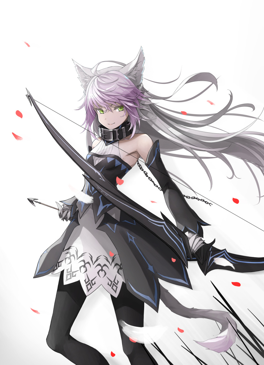 1girl absurdres ahoge animal_ears atalanta_(alter)_(fate) atalanta_(fate) bare_shoulders black_dress black_neckwear black_sleeves braid cat_ears cat_tail collar detached_sleeves dress eyebrows_visible_through_hair fate/grand_order fate_(series) gradient_hair green_eyes hair_between_eyes highres long_hair long_sleeves looking_at_viewer multicolored_hair pantyhose purple_hair sidelocks simple_background tail white_background white_hair yuniyuni