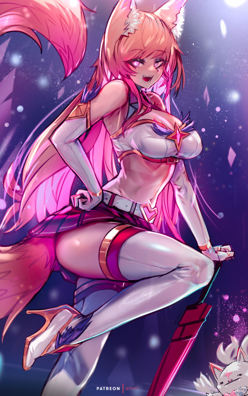 1girl :d ahri animal_ear_fluff animal_ears bangs bare_shoulders boots breasts cleavage_cutout clothing_cutout commentary ehrrr elbow_gloves english_commentary eyebrows_visible_through_hair fox_ears fox_girl fox_tail gloves gradient_hair hand_on_hip high_heel_boots high_heels highres large_breasts league_of_legends long_hair looking_at_viewer midriff miniskirt multicolored_hair navel open_mouth orange_hair pink_eyes pink_hair pleated_skirt shirt skirt sleeveless sleeveless_shirt slit_pupils smile solo standing standing_on_one_leg star_guardian_(league_of_legends) star_guardian_ahri tail thigh_boots thighhighs very_long_hair white_footwear white_gloves