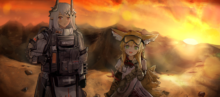 2girls absurdres animal_ear_fluff animal_ears arknights bangs black_gloves commentary_request cowboy_shot fingerless_gloves fox_ears fox_girl fox_tail gloves goggles goggles_on_head green_eyes hachiko_(0088) highres horns long_hair mudrock_(arknights) multiple_girls multiple_tails no_headwear no_helmet official_alternate_costume outdoors pointy_ears red_eyes scarf suzuran_(arknights) suzuran_(lostlands_flowering)_(arknights) tail
