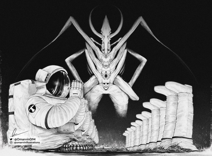 absurdres arms_behind_back astronaut bisected black_background blood chainsaw_man closed_eyes darkness_devil extra_arms fisheye glasgow_smile greyscale guro highres horns intestines looking_at_viewer marvin_(omarvin) monochrome monster multiple_heads no_eyes own_hands_together saliva sharp_teeth simple_background skull solo_focus space_helmet spacesuit stitched_mouth stitches sunken_cheeks teeth upper_body wide-eyed