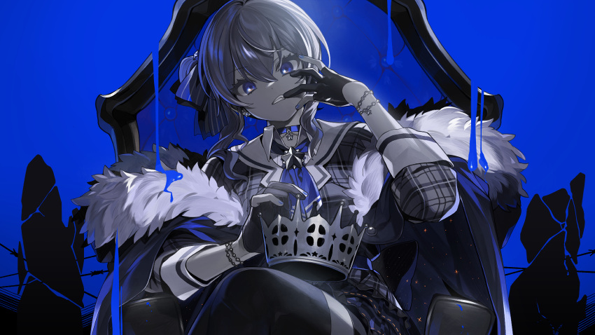 1girl bangs barbed_wire black_choker blue_background blue_eyes blue_neckwear blue_theme bracelet chair choker coat commentary_request crown crown_removed english_text finger_to_mouth fingerless_gloves fur-trimmed_coat fur_trim gloves grin hair_ornament hairclip highres holding holding_crown hololive hoshimachi_suisei jewelry king_(vocaloid) long_sleeves looking_at_viewer lunch_(lunchicken) official_art partially_fingerless_gloves smile solo song_name star_(symbol) star_hair_ornament straight-on teeth thighhighs throne virtual_youtuber