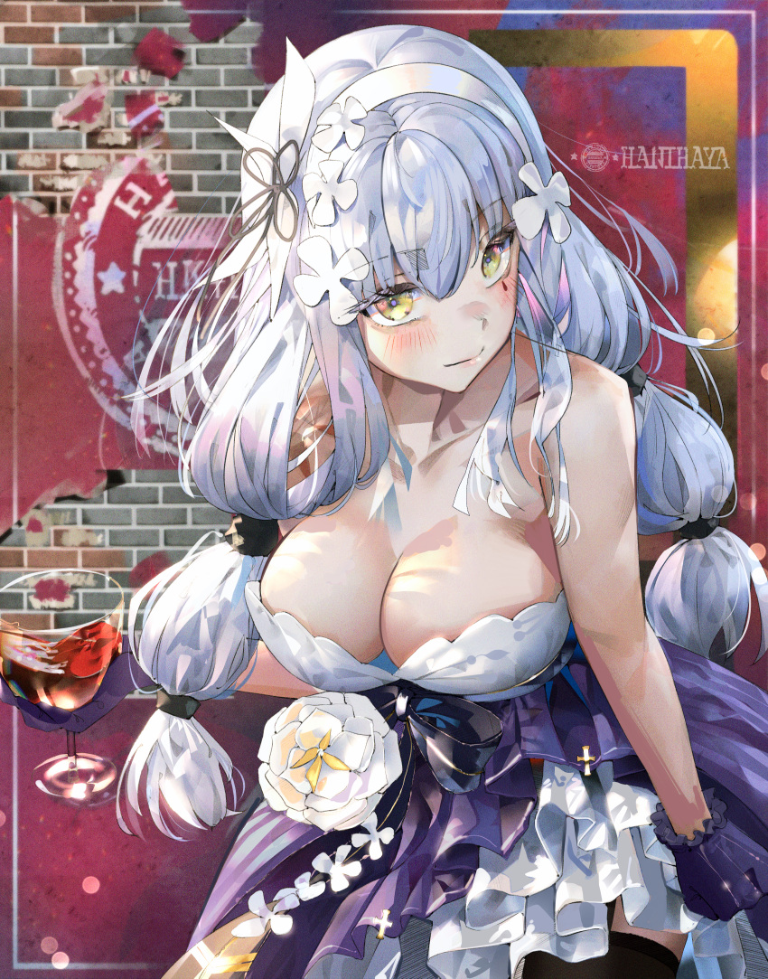 1girl absurdres artist_name bangs bare_shoulders black_legwear blush breasts brick_wall cleavage collarbone commentary cowboy_shot cup dress evening_gown eyebrows_visible_through_hair girls'_frontline gloves hair_between_eyes hair_ornament hairband hani_haya highres hk416_(girls_frontline) holding holding_cup huge_filesize large_breasts long_hair long_sleeves looking_at_viewer official_alternate_costume purple_gloves silver_hair smile solo teardrop_tattoo thighhighs twintails yellow_eyes