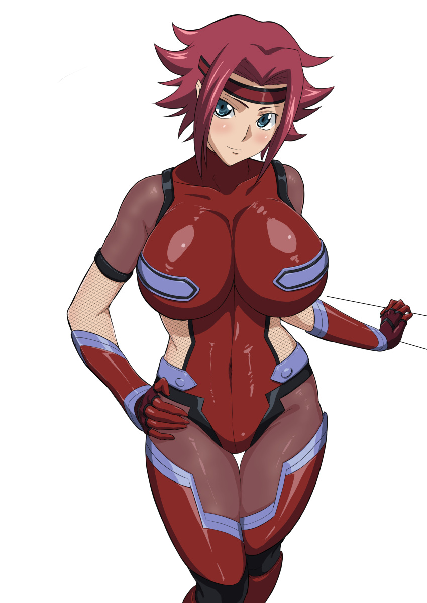 1girl absurdres adapted_costume akfg-uw-178 blue_eyes bodysuit breasts code_geass fishnet_bodysuit fishnets gloves headband highres kallen_stadtfeld large_breasts leotard looking_at_viewer red_gloves red_hair red_headband red_legwear red_leotard short_hair solo standing tagme taimanin_(series) taimanin_asagi taimanin_suit thighs white_background