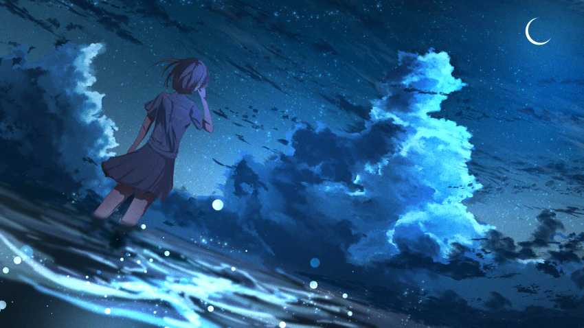 1girl abisswalker8 absurdres blue_sky cloud cloudy_sky commentary crescent_moon floating_hair hand_up highres huge_filesize moon night night_sky ocean original outdoors scenery shirt short_hair skirt sky solo standing star_(sky) starry_sky wading water waves