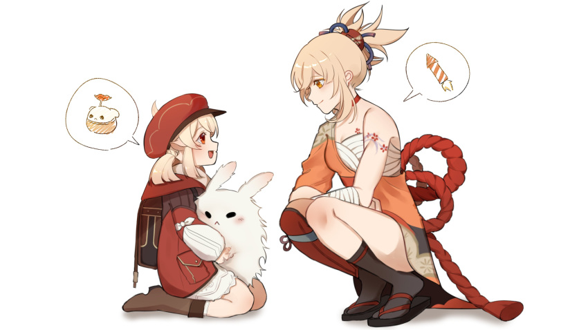 2girls astruma2 bandages blonde_hair boots cabbie_hat child genshin_impact hair_ornament hat highres japanese_clothes kimono klee_(genshin_impact) kneeling long_sleeves looking_at_another multiple_girls open_mouth orange_eyes red_eyes sarashi slippers smile squatting tattoo thought_bubble yoimiya_(genshin_impact)