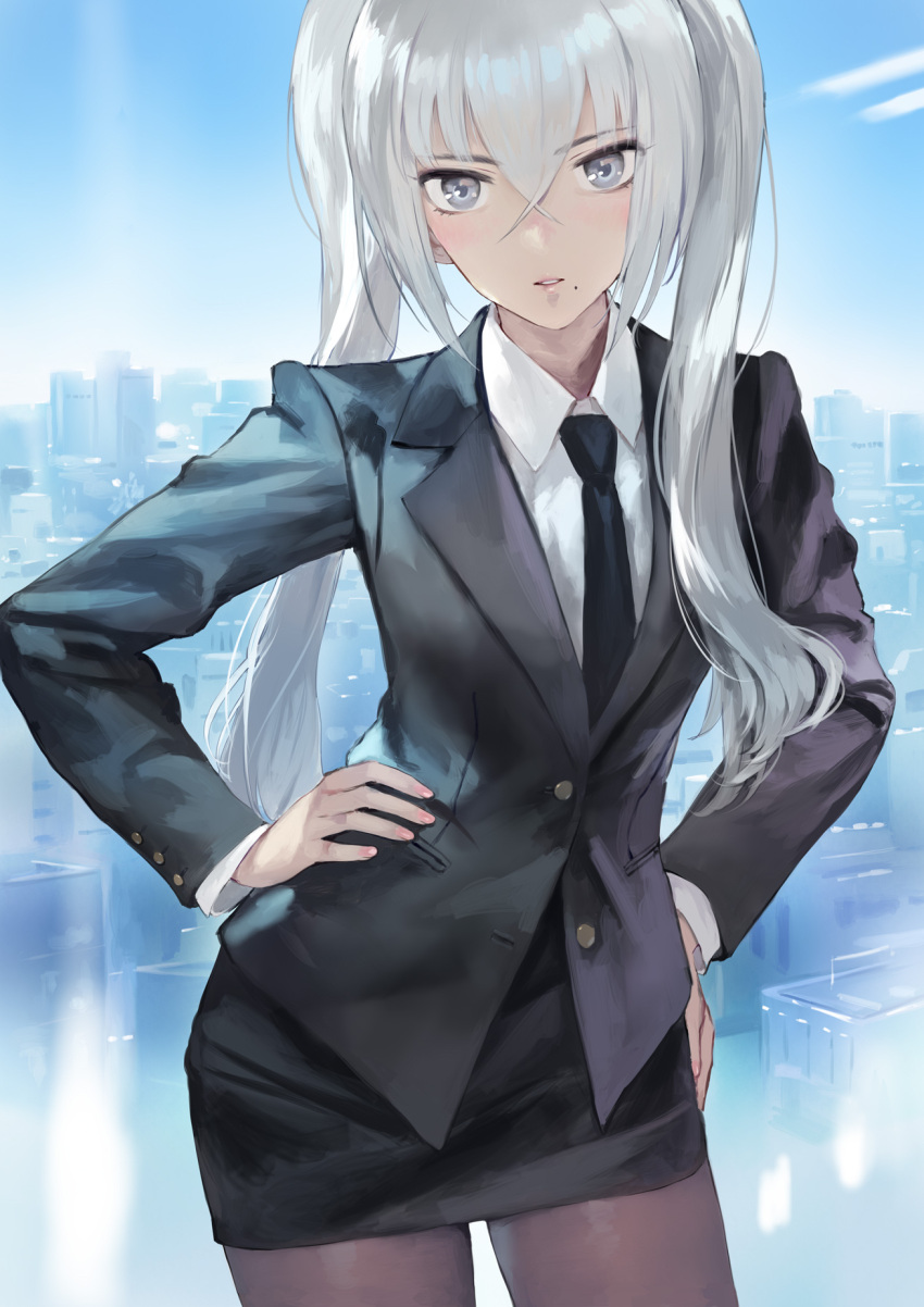 1girl black_jacket black_neckwear black_skirt blazer blue_sky cloud commentary_request cowboy_shot day grey_eyes grey_legwear hair_between_eyes hands_on_hips highres jacket long_hair long_sleeves looking_at_viewer matsuda_(matsukichi) mole mole_under_mouth necktie original pantyhose parted_lips pencil_skirt shirt silver_hair skirt sky solo standing twintails white_shirt