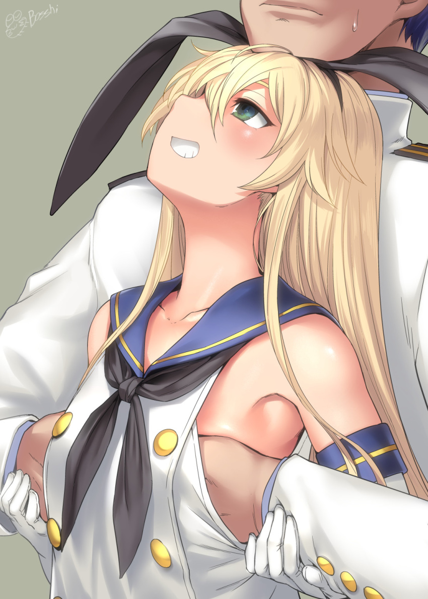 1boy 1girl admiral_(kancolle) bangs bare_shoulders black_neckwear blonde_hair blue_sailor_collar blush bosshi breast_grab collarbone elbow_gloves gloves grabbing grabbing_from_behind green_eyes grin guided_breast_grab hairband hetero highres kantai_collection long_hair long_sleeves looking_at_another neckerchief sailor_collar shimakaze_(kancolle) simple_background smile solo_focus sweatdrop white_gloves wrist_grab