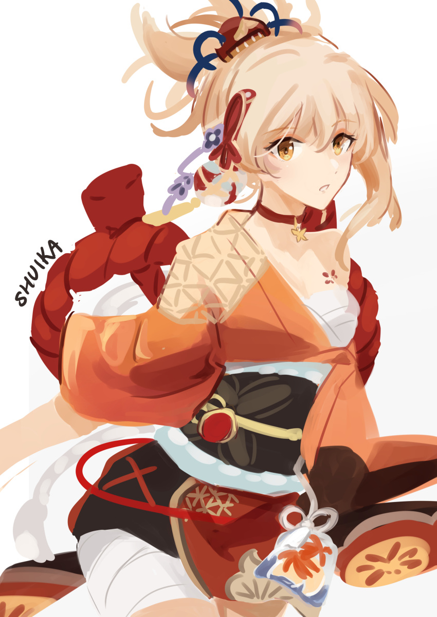 1girl absurdres artist_name bangs blonde_hair chest_tattoo choker genshin_impact hair_between_eyes hair_ornament highres japanese_clothes kimono looking_at_viewer open_clothes orange_kimono red_choker shuika solo tassel tattoo yoimiya_(genshin_impact)