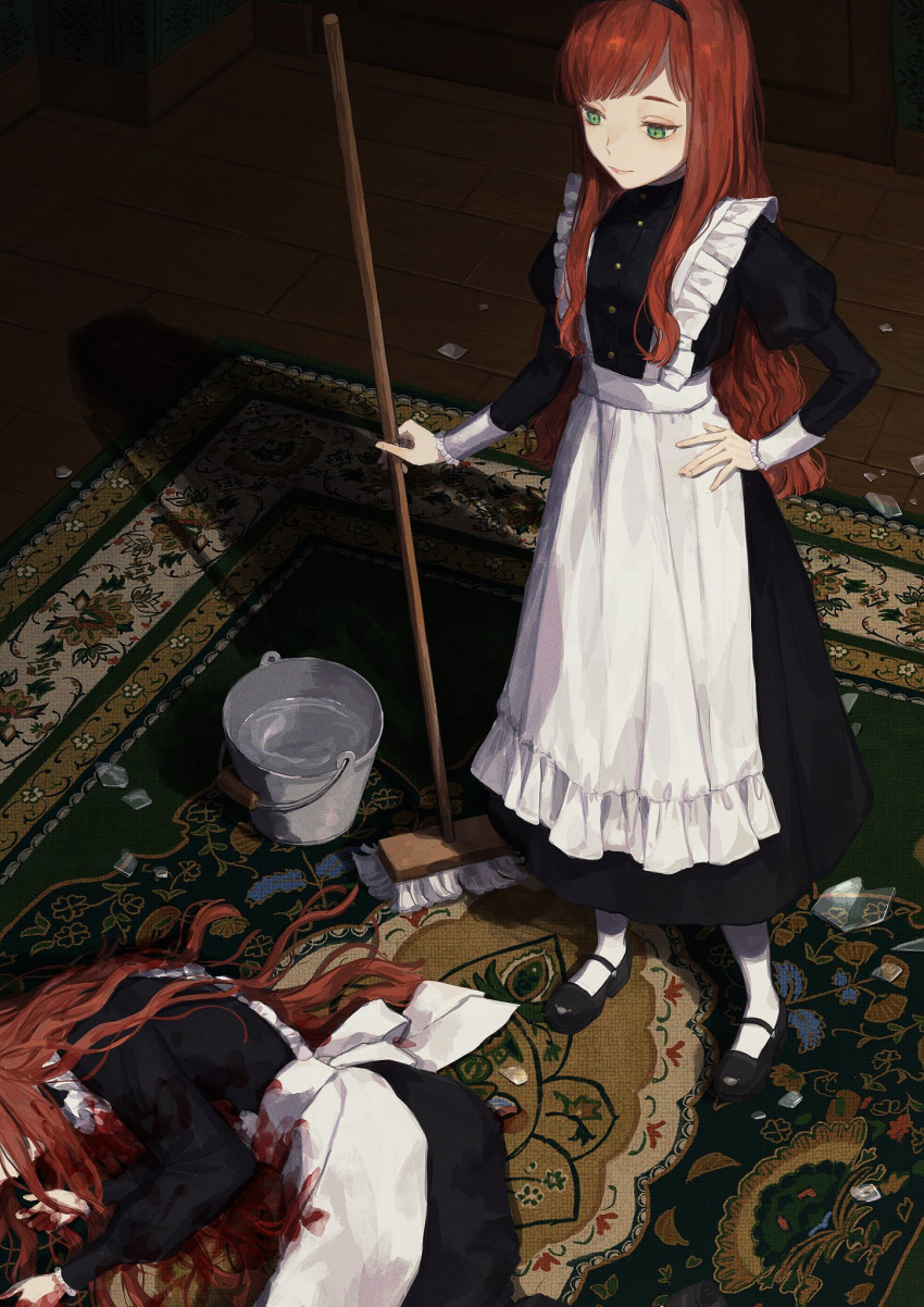 1girl apron bangs black_dress blood bloody_clothes broom brown_eyes bucket carpet corpse dress from_above glass green_eyes hand_on_hip highres holding holding_broom indoors juliet_sleeves long_hair long_sleeves maid maid_apron nashiko_(nanaju_ko) original pantyhose puffy_sleeves red_hair shiny shiny_hair shoes smile standing waist_apron water white_legwear wooden_floor