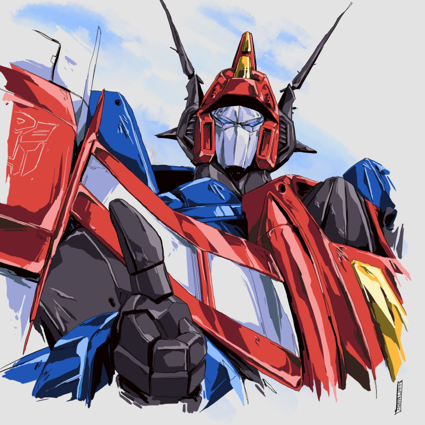 1980s_(style) 1boy autobot blue_eyes commission cropped_torso english_commentary highres hinomars19 looking_at_viewer mecha no_humans retro_artstyle science_fiction second-party_source solo star_saber_(transformers) thumbs_up transformers transformers_victory upper_body