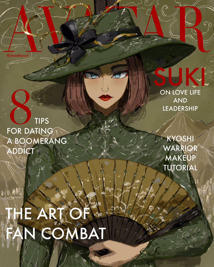 1girl avatar:_the_last_airbender avatar_(series) blue_eyes breasts chasefox chinese_clothes cover english_text eyeshadow facing_viewer fake_magazine_cover fan fashion folding_fan hat highres holding holding_fan lipstick magazine_cover makeup mascara mismatched_eyebrows red_eyeshadow red_lips short_hair solo suki thick_eyebrows tsurime twitter_username upper_body