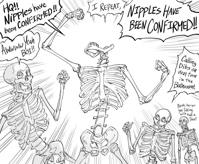 4others bb_(baalbuddy) bone cheering collarbone english_text greyscale highres monochrome multiple_others open_mouth original peeping skeleton skull