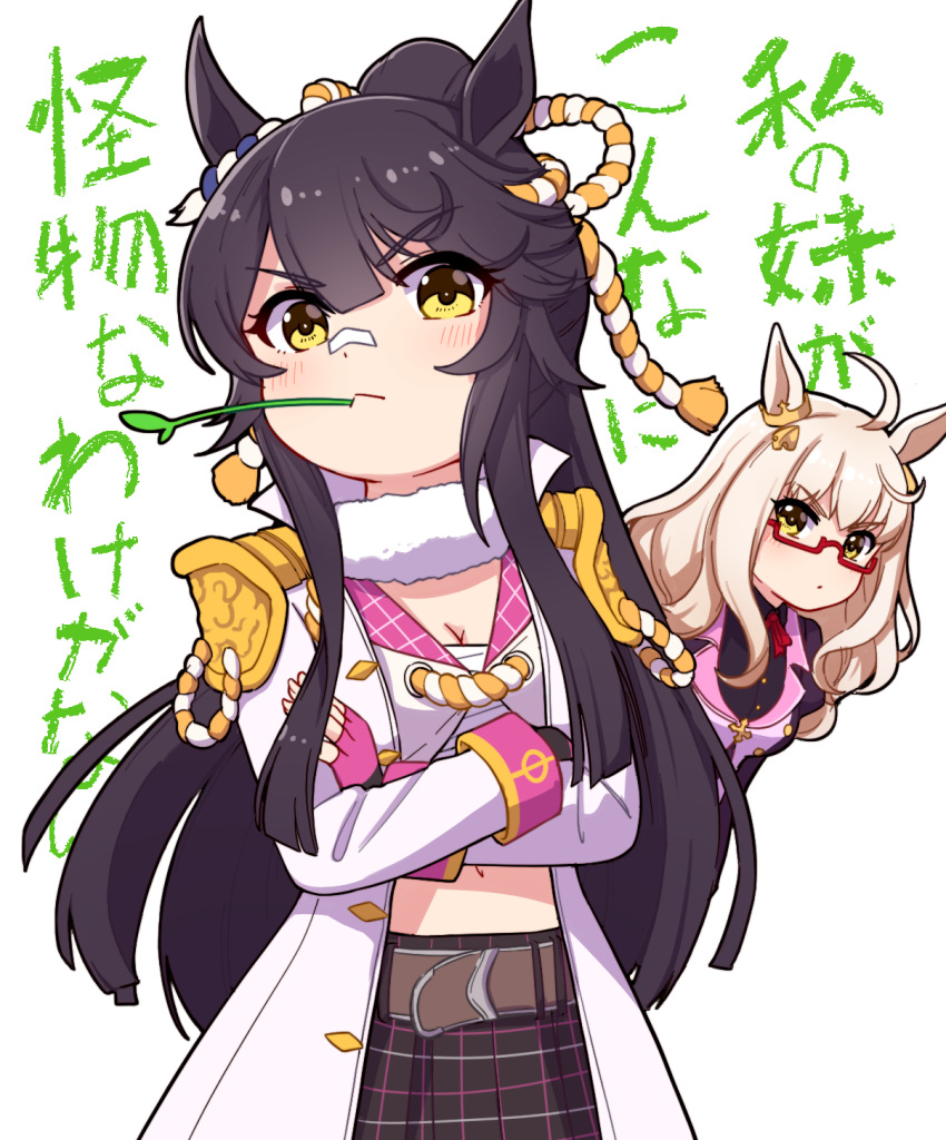 2girls :&lt; ahoge animal_ears background_text biwa_hayahide_(umamusume) black_hair black_shirt black_skirt breasts can't_be_this_cute cleavage closed_mouth commentary crop_top crossed_arms glasses high_ponytail highres horse_ears jacket juliet_sleeves light_brown_hair long_hair long_sleeves medium_breasts midriff mouth_hold multiple_girls narita_brian_(umamusume) navel open_clothes open_jacket pleated_skirt ponytail puffy_sleeves red-framed_eyewear semi-rimless_eyewear shirt simple_background skirt stalk_in_mouth takiki translated umamusume under-rim_eyewear very_long_hair vest white_background white_jacket white_shirt white_vest