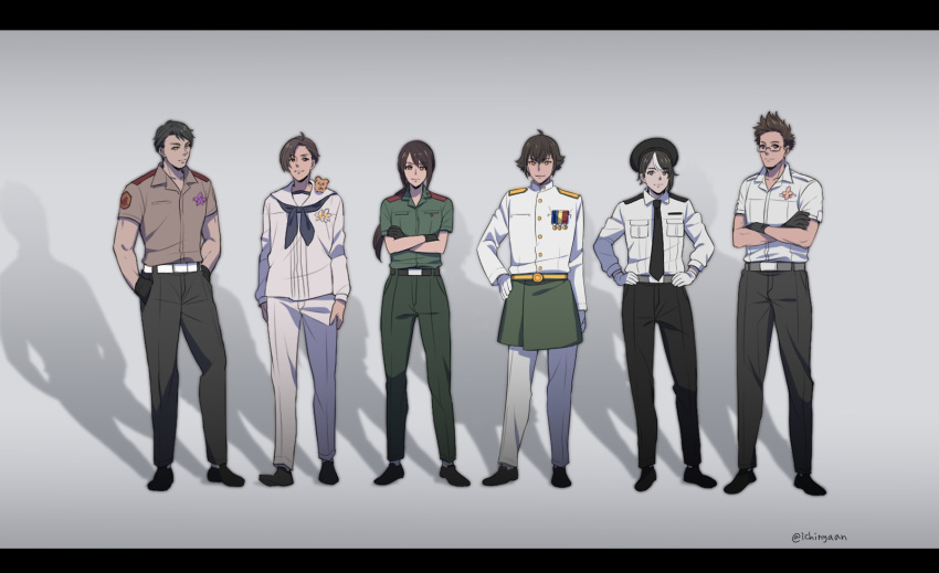 1girl 5boys animal_on_shoulder axis_powers_hetalia beret black_hair black_pants brown_hair ghost_in_the_shell_lineup glasses gloves grey_background hat highres ichinyaan indonesia_(hetalia) khakis lineup malaysia_(hetalia) military military_uniform multicolored_hair multiple_boys pants parody philippines_(hetalia) ponytail sailor sailor_collar shadow shirt signature singapore_(hetalia) standing thailand_(hetalia) two-tone_hair uniform vietnam_(hetalia) white_pants