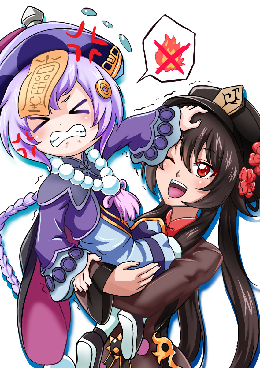 &gt;_&lt; 2girls ;d absurdres anger_vein atawatsho bangs bead_necklace beads black_hair braid carrying clenched_teeth coin_hair_ornament commentary eyebrows_visible_through_hair eyes_visible_through_hair genshin_impact hat highres hu_tao_(genshin_impact) jewelry jiangshi leg_hug long_hair long_sleeves looking_at_another looking_away low_ponytail multiple_girls necklace ofuda one_eye_closed open_mouth person_carrying purple_hair pushing_away pushing_face qing_guanmao qiqi_(genshin_impact) red_eyes sidelocks simple_background single_braid size_difference smile spoken_object star-shaped_pupils star_(symbol) symbol-shaped_pupils teeth trembling twintails vision_(genshin_impact) white_background