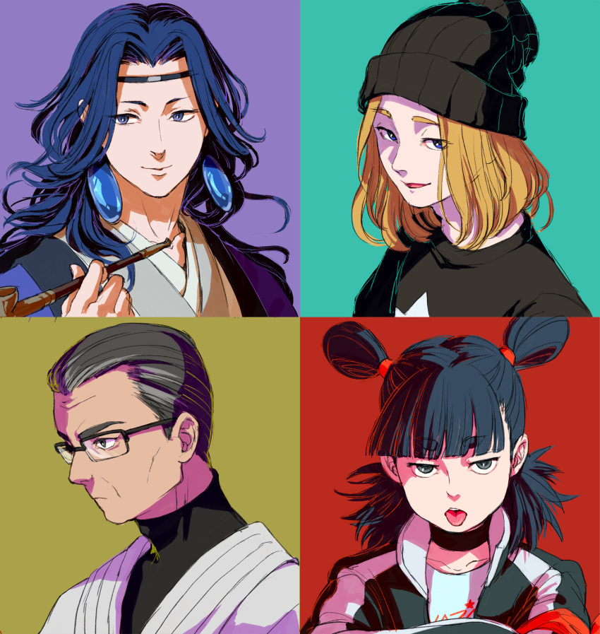 4boys a'he_(the_legend_of_luoxiaohei) aqua_background bangs beanie black_hair black_headwear black_shirt blonde_hair blue_eyes blue_hair blunt_bangs double_bun earrings glasses grey_eyes grey_hair hand_up hat highres holding holding_pipe jacket jewelry lanxi_zhen laojun_(the_legend_of_luoxiaohei) long_hair medium_hair micho multiple_boys nezha_(the_legend_of_luoxiaohei) pan_jing_(the_legend_of_luoxiaohei) pipe purple_background red_background shirt short_hair the_legend_of_luo_xiaohei tongue tongue_out yellow_background