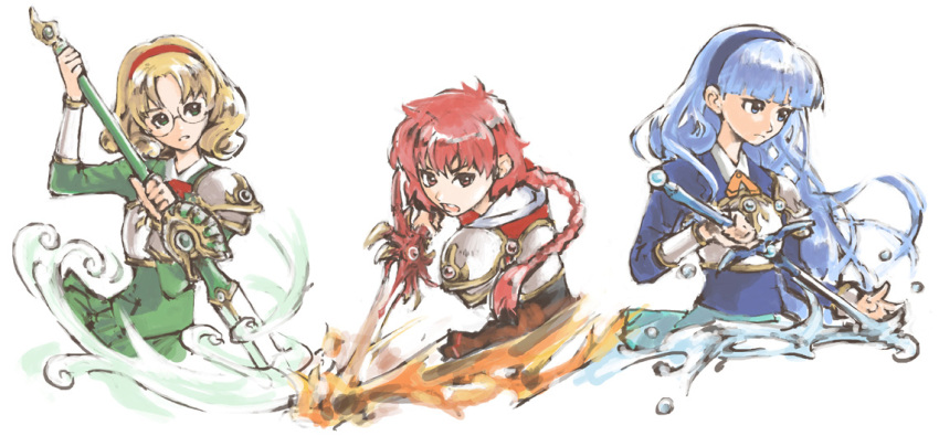 3girls armor bangs blazer blue_eyes blue_hair blue_jacket blunt_bangs braid braided_ponytail brown_hair collared_shirt commentary fire glasses green_eyes green_jacket hair_behind_ear holding holding_sword holding_weapon hououji_fuu jacket long_hair looking_to_the_side magic_knight_rayearth multiple_girls open_mouth parted_lips rapier rc red_hair red_jacket round_eyewear ryuuzaki_umi school_uniform shidou_hikaru shirt shoulder_armor sword upper_body v-shaped_eyebrows water weapon white_shirt wings