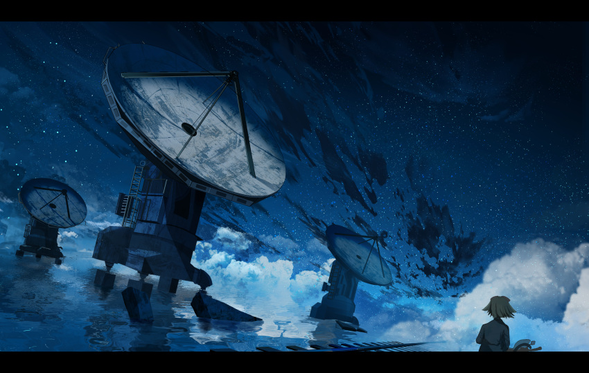 1other abisswalker8 absurdres blue_sky cloud cloudy_sky commentary highres machinery night night_sky on_water original outdoors radar radar_dish radio_antenna railroad_tracks reflection scenery short_hair sky star_(sky) starry_sky very_wide_shot water