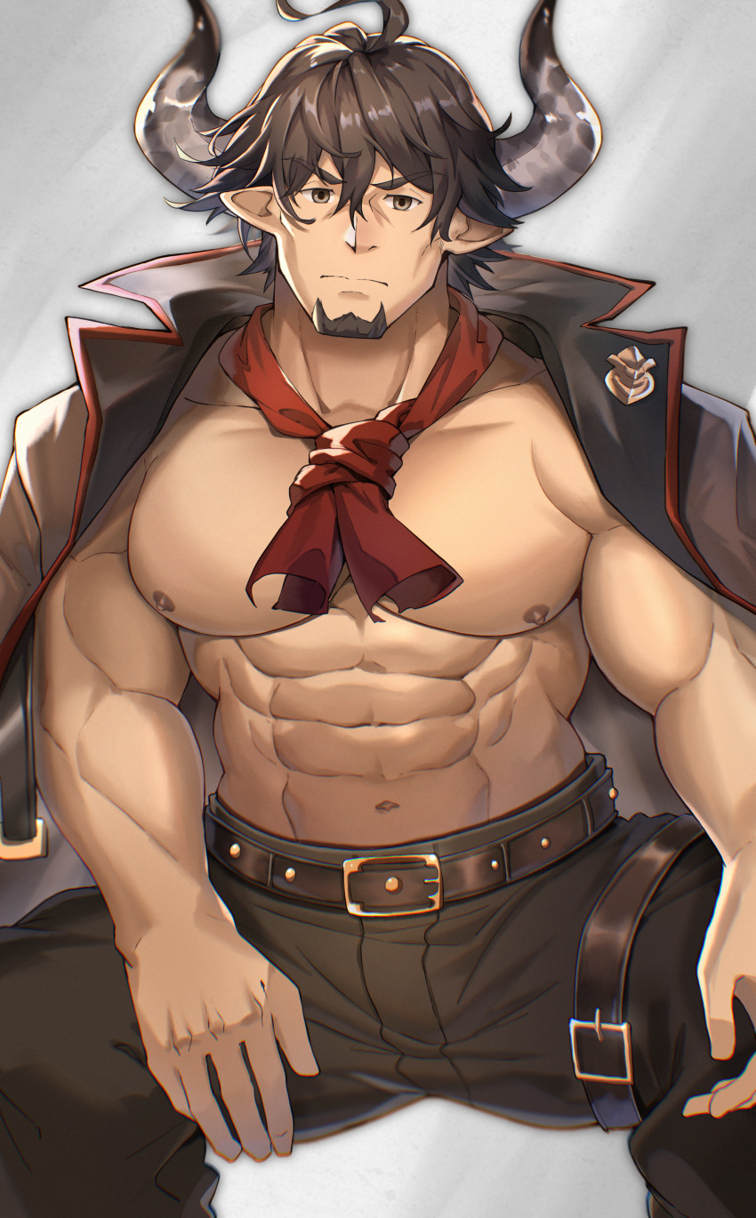 1boy abs absurdres bara barawa bare_pectorals brown_eyes brown_pants cravat draph facial_hair goatee granblue_fantasy harness highres huge_filesize jacket jacket_on_shoulders large_pectorals leather leather_pants looking_at_viewer male_focus mature_male muscular muscular_male navel nipples pants pectorals pointy_ears short_hair solo spread_legs stomach tekkowang