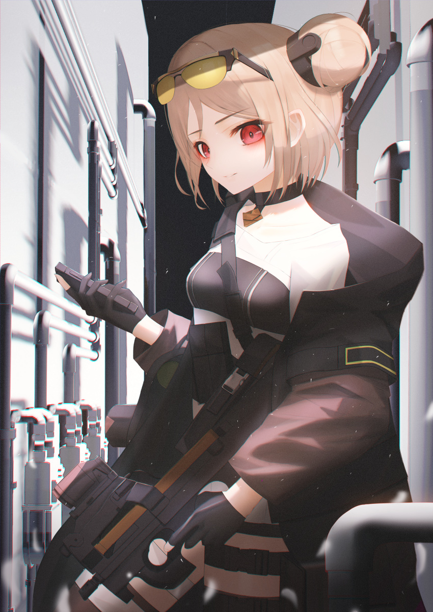 1girl absurdres breasts bullpup choker double_bun girls'_frontline gloves gun highres huge_filesize light_brown_hair p90 p90_(girls_frontline) partially_fingerless_gloves red_eyes short_hair solo submachine_gun thomas_8000 weapon