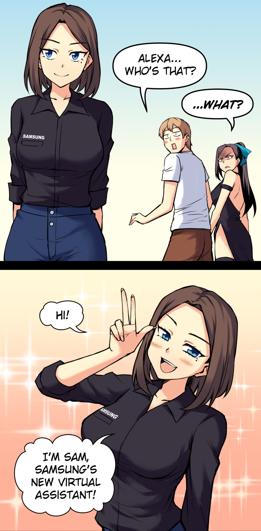 1boy 2girls absurdres alexa_(amazon) arm_garter black_dress black_hair black_legwear blue_eyes blue_pants blush breasts brown_hair closed_mouth collared_shirt copyright_name distracted_boyfriend_(meme) dress english_commentary english_text fingernails from_behind green_eyes high_ponytail highres long_hair looking_at_another looking_at_viewer looking_back looking_to_the_side medium_hair meme merryweather mole mole_under_eye multiple_girls original pants peach_(momozen) samsung samsung_sam shirt short_hair short_sleeves smile sparkle_background speech_bubble thighhighs v white_background white_shirt