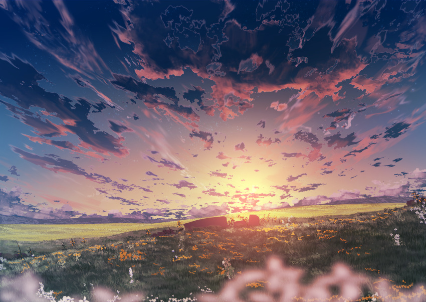 abisswalker8 blurry blurry_foreground cloud cloudy_sky commentary field flower grass highres horizon no_humans original outdoors plain rock scenery sky star_(sky) sunlight sunrise white_flower yellow_flower yellow_sky