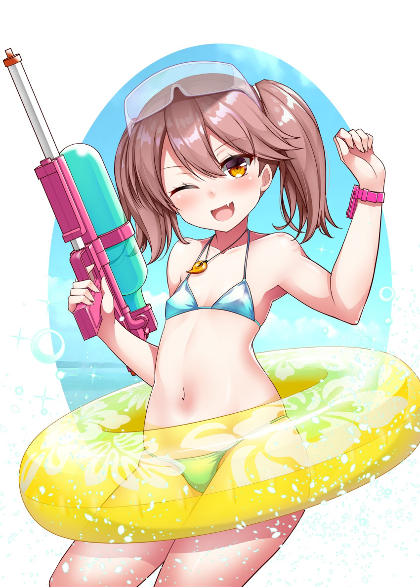 1girl bikini blue_bikini brown_eyes brown_hair eyewear_on_head flat_chest highres holding holding_water_gun innertube kantai_collection kirigakure_(kirigakure_tantei_jimusho) magatama magatama_necklace navel one_eye_closed ryuujou_(kancolle) solo swimsuit twintails water_gun