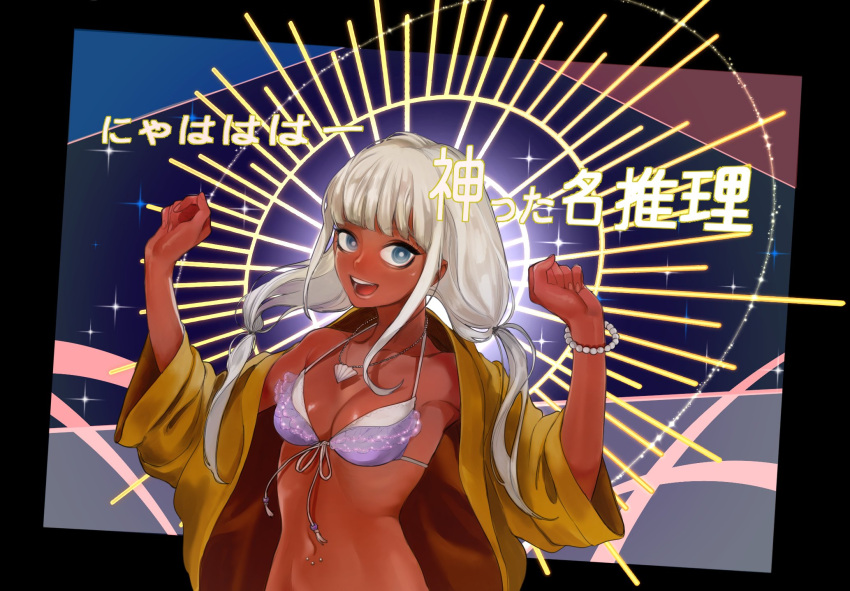 1girl bangs bikini black_background blue_background bracelet breasts brown_background brown_jacket cleavage clenched_hand collarbone danganronpa_(series) danganronpa_v3:_killing_harmony dark-skinned_female dark_skin fang grey_background grey_hair hands_up highres jacket jewelry long_hair looking_at_viewer medium_breasts multicolored multicolored_background navel necklace open_mouth rei_(tdn_ng) shell_necklace shiny shiny_skin smile solo sparkle swimsuit translation_request twintails upper_body yonaga_angie