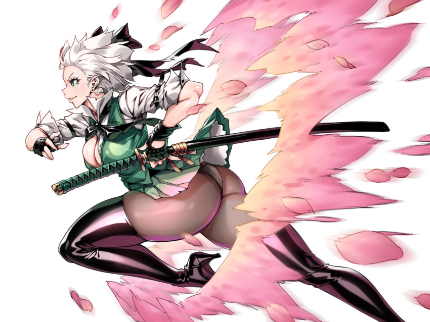 1girl ass boots breasts dashing green_eyes highres katana konpaku_youmu lips medium_breasts shiny_footwear short_hair solo sword thick_thighs thigh_boots thighhighs thighs touhou weapon white_hair yin-ting_tian