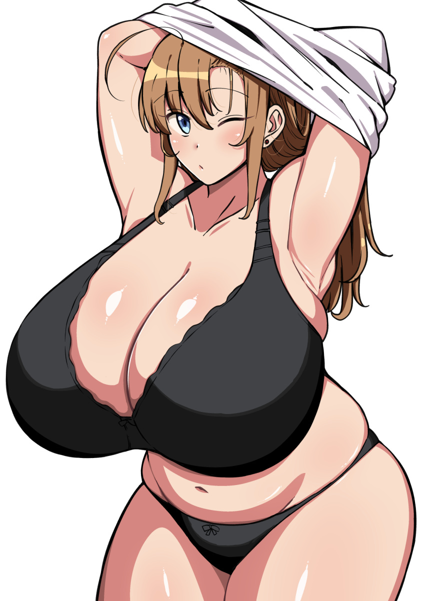 1girl ahoge arms_up belly black_bra blue_eyes bra breasts brown_hair cleavage collarbone commentary_request gigantic_breasts highres huge_breasts komusou_(jinrikisha) long_hair midriff one_eye_closed ooba_minori original plump simple_background solo thick_thighs thighs underwear white_background