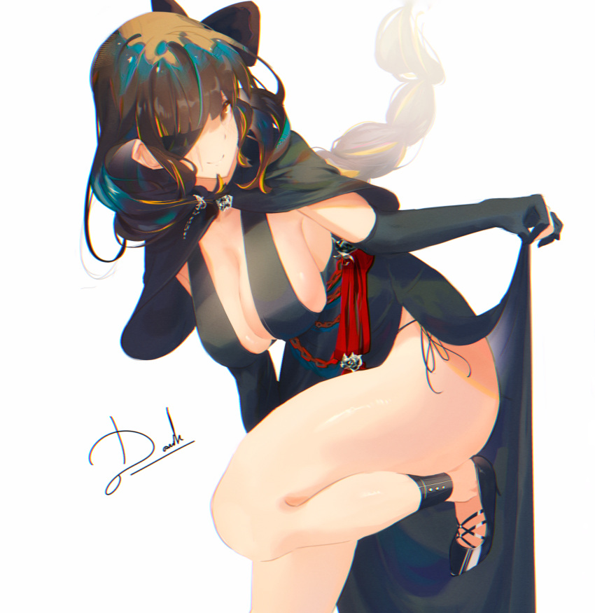 1girl black_dress black_gloves bow braid breasts brown_hair cape cleavage clothes_lift darah dress dress_lift elbow_gloves eyepatch girls'_frontline gloves hair_bow hanging_breasts high_heels highres large_breasts leaning_forward leg_up long_hair looking_at_viewer m16a1_(girls'_frontline) multicolored_hair official_alternate_costume panties partially_fingerless_gloves scar scar_across_eye shoes side-tie_panties side_slit sideboob signature single_braid smile solo standing standing_on_one_leg streaked_hair thighs underwear white_background