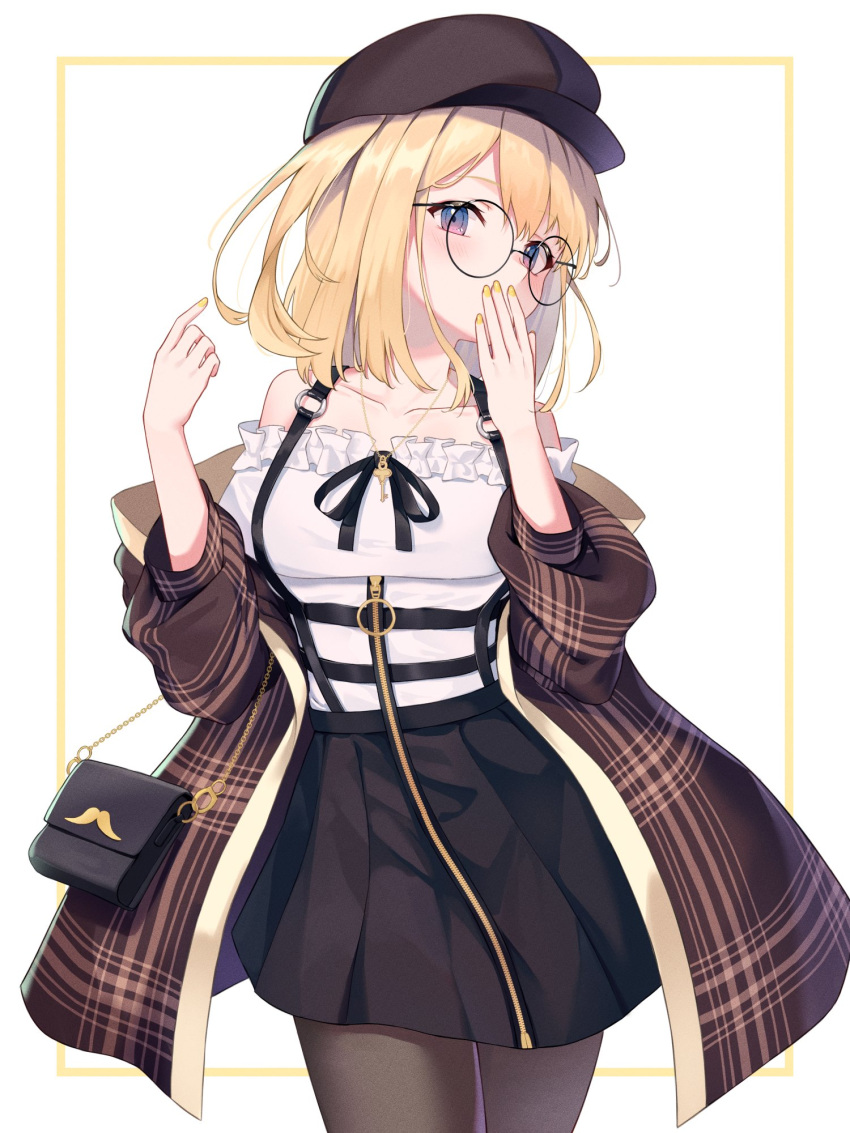 1girl asymmetrical_hair bag black-framed_eyewear black_headwear black_legwear black_ribbon black_skirt blonde_hair blush breasts brown_coat cabbie_hat coat collarbone commentary covering_mouth cowboy_shot english_commentary frilled_shirt frills glasses hand_to_own_mouth handbag hat highres hololive hololive_english jewelry key_necklace looking_at_viewer medium_breasts medium_hair miniskirt nail_polish neck_ribbon necklace o-ring off-shoulder_shirt off_shoulder official_alternate_costume open_clothes open_coat pantyhose plaid_coat pleated_skirt purple_eyes ribbon round_eyewear shands shirt side_ponytail simple_background skirt solo suspender_skirt suspenders virtual_youtuber watson_amelia white_background white_shirt yellow_nails zipper zipper_skirt