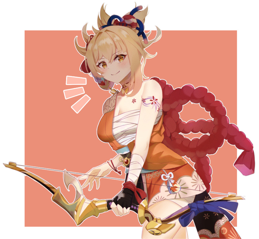 1girl arm_tattoo bandages bare_shoulders blonde_hair blush bow_(weapon) breasts chest_tattoo crossbow fingerless_gloves genshin_impact gloves hair_ornament highres holding holding_weapon japanese_clothes kimono looking_at_viewer medium_breasts orange_eyes orange_kimono sarashi smile solo tattoo tied_hair weapon yasumiya08 yoimiya_(genshin_impact)