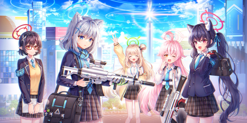 5girls :d ahoge animal_ear_fluff animal_ears arm_up armband assault_rifle ayane_(blue_archive) bag bangs black_hair black_jacket blue_archive blue_eyes blue_jacket blue_scarf braid brown_eyes brown_hair brown_skirt city collared_shirt commentary_request cowboy_shot cross_hair_ornament day dress_shirt eyebrows_visible_through_hair fang feet_out_of_frame glasses gloves gun hair_between_eyes hair_ornament hat hayun highres holding holding_bag holding_gun holding_weapon hoshino_(blue_archive) jacket long_hair long_sleeves looking_at_viewer md5_mismatch microphone miniskirt multiple_girls nonomi_(blue_archive) one_eye_closed open_mouth outdoors pink_hair plaid plaid_skirt pleated_skirt pointy_ears ponytail red_eyes red_gloves resolution_mismatch rifle scarf school_bag school_uniform serika_(blue_archive) shiroko_(blue_archive) shirt short_hair shoulder_bag sig_sauer sig_sauer_556 silver_hair skirt sky smile source_smaller standing sweater very_long_hair weapon white_shirt yawning yellow_sweater