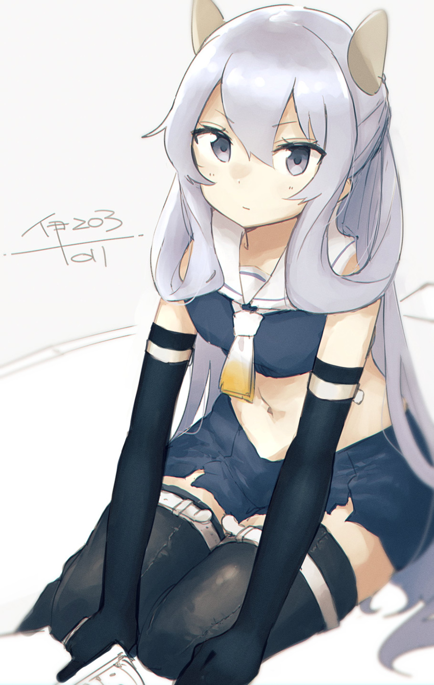 1girl absurdres bangs black_gloves black_legwear blue_skirt breasts character_name closed_mouth crop_top elbow_gloves gloves grey_background headgear highres holding i-203_(kancolle) kantai_collection long_hair looking_at_viewer ma_rukan midriff miniskirt navel sailor_collar signature silver_eyes silver_hair simple_background sitting skirt sleeveless small_breasts solo thighhighs white_sailor_collar