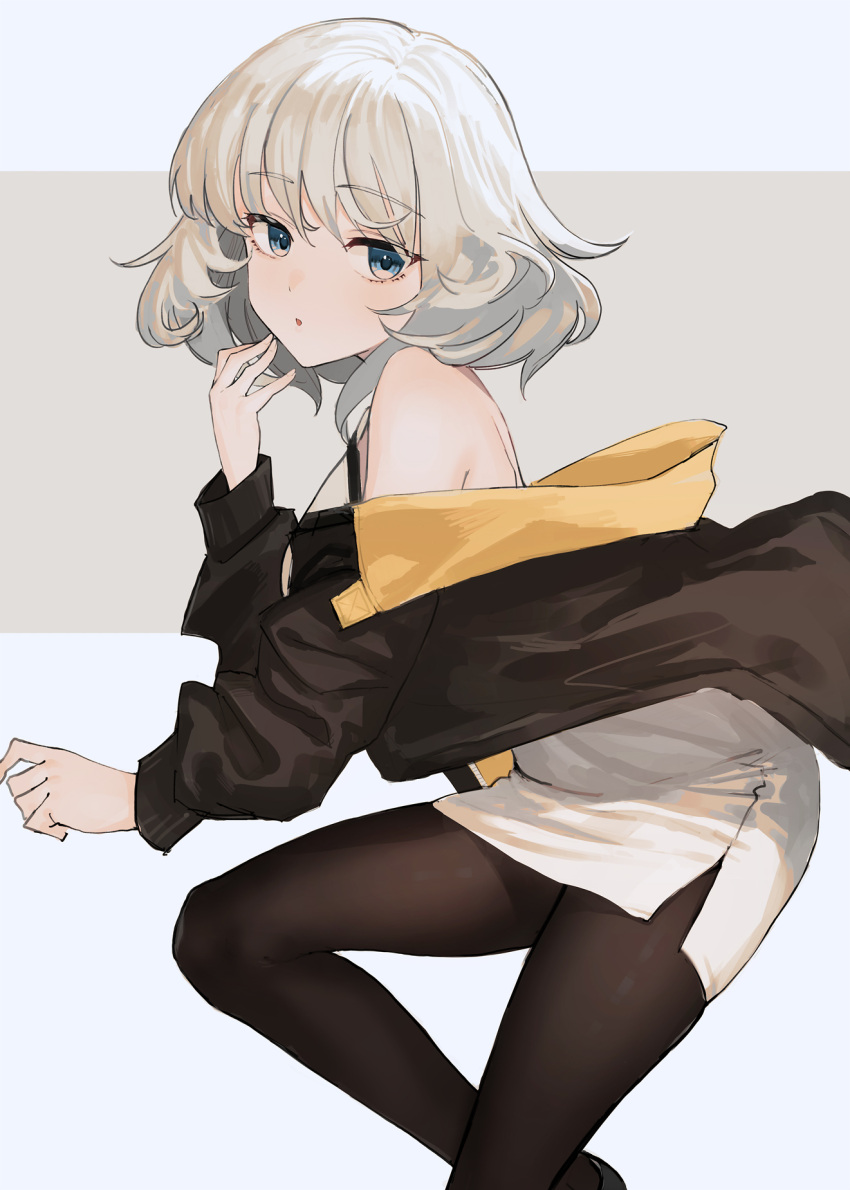 1girl :o bangs bare_shoulders black_jacket black_legwear blue_background blue_eyes commentary dress eyebrows_visible_through_hair grey_background grey_hair highres jacket long_sleeves looking_at_viewer off_shoulder open_clothes open_jacket original pantyhose parted_lips ryokucha_manma sleeveless sleeveless_dress solo two-tone_background white_dress