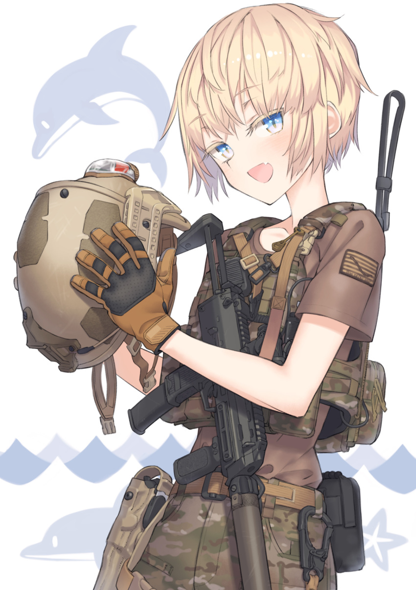 1girl :d belt blonde_hair blue_eyes brown_gloves camouflage camouflage_pants collarbone commentary_request dolphin_print eyebrows_visible_through_hair fang gadsden_flag gloves gun h&amp;k_mp7 handgun headwear_removed helmet helmet_removed highres holding holding_helmet load_bearing_vest looking_at_viewer military open_mouth original pants pistol samaru_(seiga) shirt short_hair skin_fang smile solo submachine_gun t-shirt very_short_hair vest weapon weapon_request