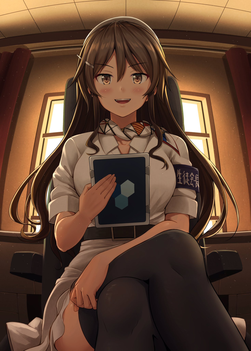 1girl ashigara_(kancolle) black_legwear blush breasts brown_eyes brown_hair collarbone commentary_request eyebrows_visible_through_hair hair_between_eyes hairband highres holding ichikawa_feesu kantai_collection large_breasts long_hair looking_at_viewer open_mouth partial_commentary short_sleeves sitting solo thighhighs white_hairband window