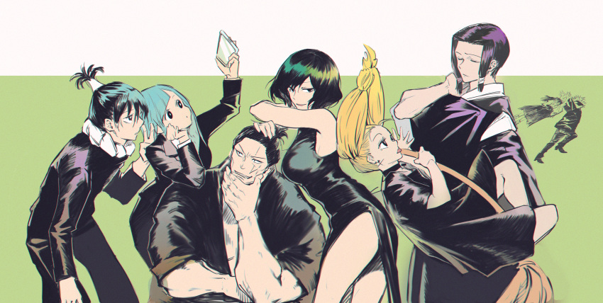 4boys 4girls absurdres arm_up bangs black_dress black_eyes black_hair black_jacket black_kimono black_pants black_suit blonde_hair blunt_bangs breasts broom broom_riding cellphone chin_stroking choker closed_eyes dress ear_piercing formal gakuran gojou_satoru green_background grin head_rest high_ponytail highres holding holding_another holding_phone huge_filesize iori_utahime jacket japanese_clothes jujutsu_kaisen kamo_noritoshi kimono large_breasts leaning_on_person long_hair long_sleeves looking_at_viewer looking_away miwa_kasumi multiple_boys multiple_girls muta_kokichi nishimiya_momo open_mouth pants phone piercing profile running scar scar_on_face school_uniform short_hair short_ponytail short_sleeves simple_background sketch smile suvin_(mononochi) tongue tongue_out toudou_aoi_(jujutsu_kaisen) twintails two-tone_background v white_background zen'in_mai