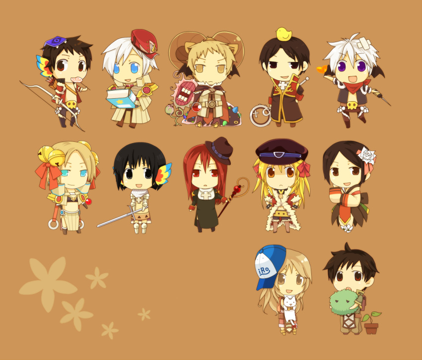 6+boys 6+girls alchemist_(ragnarok_online) animal animal_on_head armor armored_boots arrow_(projectile) bangs baseball_cap bell bird bird_on_head black_bra black_coat black_dress black_eyes black_hair black_headwear black_legwear black_shorts black_skirt black_wings blue_eyes blue_headwear book boots bow bow_(weapon) bra bracelet breastplate brown_background brown_cape brown_capelet brown_coat brown_dress brown_eyes brown_footwear brown_gloves brown_hair brown_headwear brown_legwear brown_pants brown_shirt candy cape capelet cat chainmail chibi chick closed_mouth coat commentary_request creature cross cross_necklace crossed_bandaids dagger demon_wings dress eating endo_mame fedora fishnet_legwear fishnets flora_(ragnarok_online) flower food full_body fur-trimmed_jacket fur-trimmed_pants fur-trimmed_shorts fur_trim gloves green_shirt habit hair_bell hair_between_eyes hair_bow hair_flower hair_ornament hanbok hat head_wings heart holding holding_animal holding_book holding_bow_(weapon) holding_cat holding_dagger holding_staff holding_sword holding_weapon horns ice_pick jacket jewelry juliet_sleeves knife knight_(ragnarok_online) korean_clothes lollipop long_hair long_sleeves looking_at_viewer medium_hair midriff monster multicolored multicolored_wings multiple_boys multiple_girls necklace novice_(ragnarok_online) on_head open_clothes open_coat open_jacket open_mouth pants pantyhose peaked_cap pink_shirt pink_shorts plant potted_plant priest_(ragnarok_online) puffy_sleeves purple_eyes quiver rafflesia_(ragnarok_online) ragnarok_online red_bow red_coat red_eyes red_hair red_headwear red_jacket red_shirt rideword_(ragnarok_online) rogue_(ragnarok_online) sage_(ragnarok_online) shirt shoes short_hair short_shorts short_sleeves shorts simple_background skirt skull sleeveless sleeveless_shirt smile socks soul_linker_(ragnarok_online) spiked_bracelet spikes staff striped_cape striped_capelet sword thighhighs two-tone_coat underwear vanilmirth_(ragnarok_online) waist_cape weapon white_cat white_flower white_hair wings