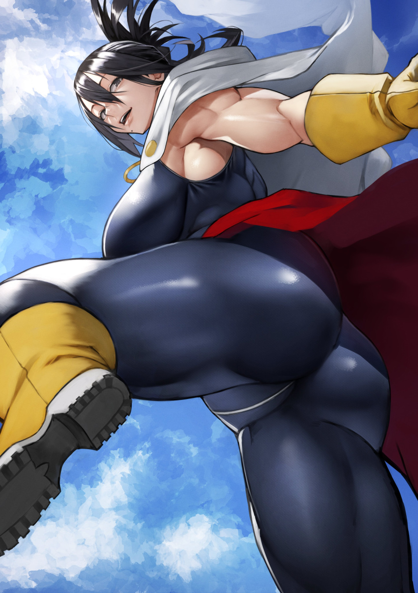 1girl absurdres ass black_eyes black_hair blue_sky bodysuit boku_no_hero_academia boots breasts cape day gloves hair_between_eyes highres large_breasts lips looking_at_viewer mole mole_under_mouth shimura_nana short_hair sky smile solo teeth upper_teeth white_cape yellow_footwear yellow_gloves yoshio_(55level)