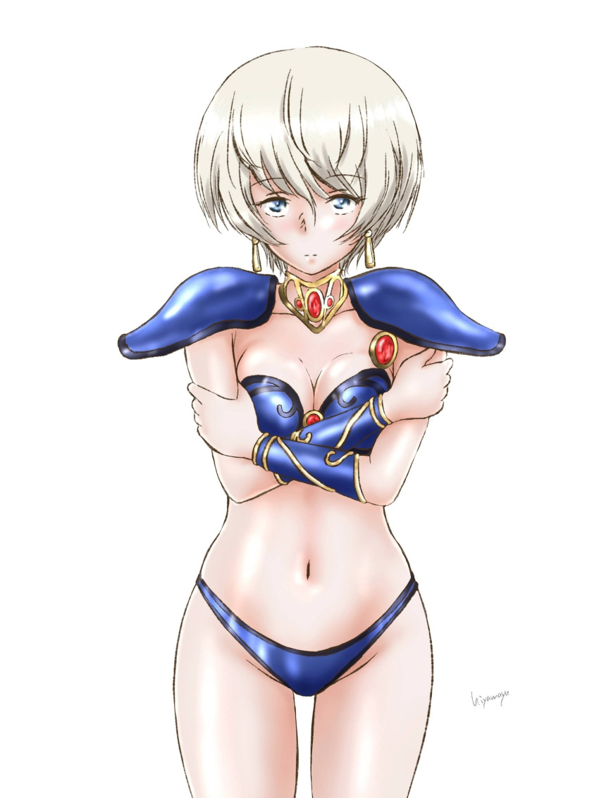 1girl absurdres armor artist_name asagiri_youko asagiri_youko_(cosplay) bangs bikini_armor blue_eyes breasts cleavage closed_mouth collar commentary_request cosplay cowboy_shot crossed_arms earrings expressionless eyebrows_visible_through_hair genmu_senki_leda girls_und_panzer highres hiyama_yuu_(wee259hiyama) jewelry looking_at_viewer medium_breasts metal_collar namesake navel partial_commentary pauldrons short_hair shoulder_armor signature silver_hair simple_background solo standing vambraces white_background youko_(girls_und_panzer)