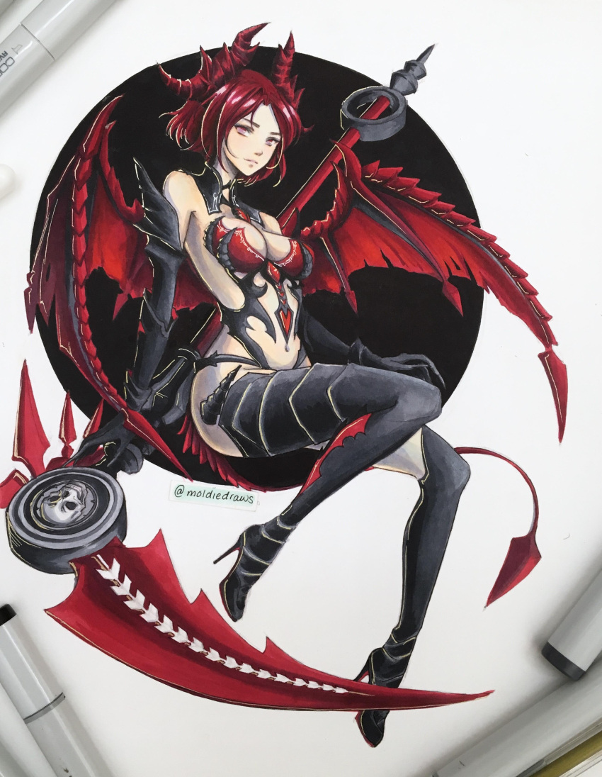 1girl absurdres black_legwear breasts cleavage dragon_wings elbow_gloves epis full_body gloves high_heels highres horns king's_raid looking_at_viewer medium_breasts moldiedraws navel pink_eyes red_hair red_horns scythe sitting solo tail thighhighs white_background wings