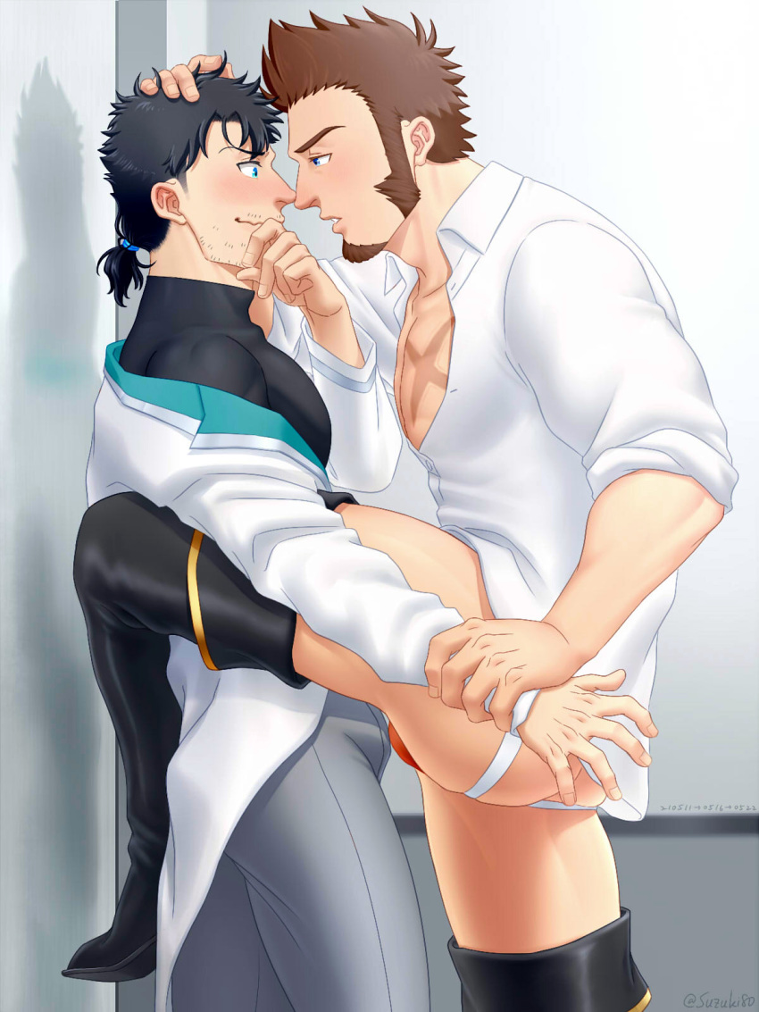 2boys alternate_hair_length alternate_hairstyle arm_grab bara black_hair blue_eyes boots brown_hair bulge eye_contact facial_hair fate/grand_order fate_(series) fujimaru_ritsuka_(male) goatee hand_on_another's_head highres imminent_kiss imminent_sex jockstrap knee_boots labcoat long_sideburns looking_at_another male_cleavage male_focus male_underwear mature_male multiple_boys muscular muscular_male napoleon_bonaparte_(fate) no_pants off_shoulder orange_male_underwear pants partially_unbuttoned pectorals short_hair sideburns sleeves_rolled_up suzuki80 thick_thighs thighs underwear wall_slam white_male_underwear white_pants yaoi