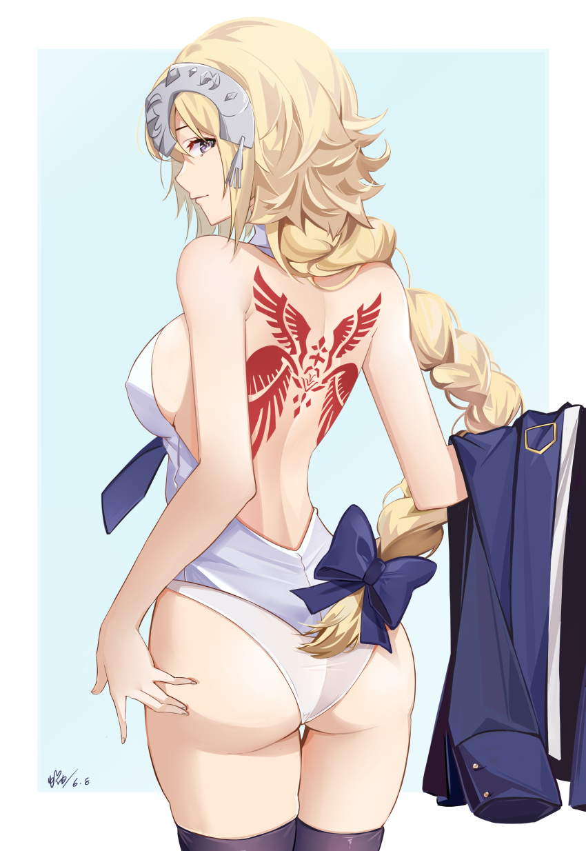 1girl absurdres ass back back_tattoo backless_outfit bangs bare_shoulders black_legwear blonde_hair blue_eyes blush braid braided_ponytail breasts fate/apocrypha fate_(series) headpiece highres jeanne_d'arc_(fate) jeanne_d'arc_(fate)_(all) large_breasts liuleiwowotou long_hair looking_at_viewer necktie panties solo tattoo thighhighs thighs underwear very_long_hair white_panties