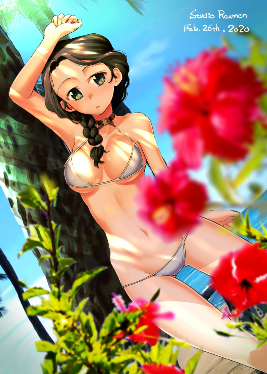 1girl alternate_hairstyle arm_up artist_name ass_visible_through_thighs bikini black_eyes black_hair blue_sky blurry blurry_foreground braid braided_ponytail closed_mouth commentary_request dappled_sunlight dated day depth_of_field dutch_angle flower girls_und_panzer hair_over_shoulder hair_tie halterneck hamada_kiyo hibiscus highres horizon leaning_to_the_side light_frown looking_at_viewer medium_hair navel outdoors palm_tree partial_commentary plant r-ex red_flower signature single_braid sky solo standing string_bikini sunlight swimsuit tree white_bikini