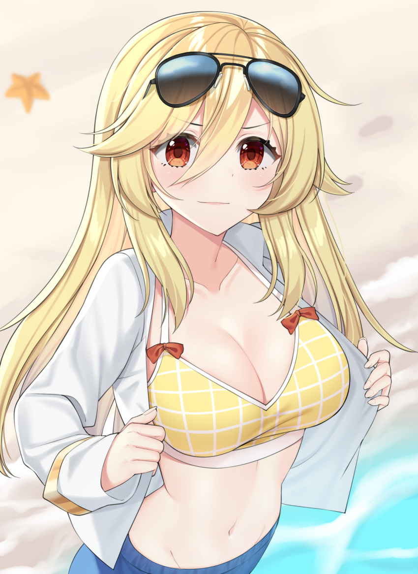 1girl alternate_breast_size bangs beach bikini bikini_top blonde_hair bow bow_swimsuit breasts cleavage commentary english_commentary eyewear_on_head girls'_frontline gold_trim hair_between_eyes highres large_breasts light_blush light_smile long_hair long_sleeves looking_at_viewer mod3_(girls'_frontline) nagant_revolver_(girls_frontline) navel no_hat no_headwear open_clothes open_shirt red_bow red_eyes rynzfrancis sand shirt sidelocks solo starfish sunglasses swimsuit swimsuit_under_clothes undressing water white_shirt yellow_bikini