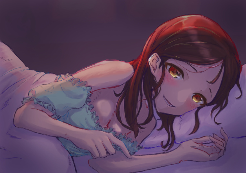 1girl absurdres ayase_honoka bangs black_hair breasts cleavage highres idolmaster idolmaster_cinderella_girls idolmaster_cinderella_girls_starlight_stage long_hair looking_at_viewer lying on_bed on_side open_mouth parted_bangs pillow shaddoll_fusion smile solo under_covers yellow_eyes