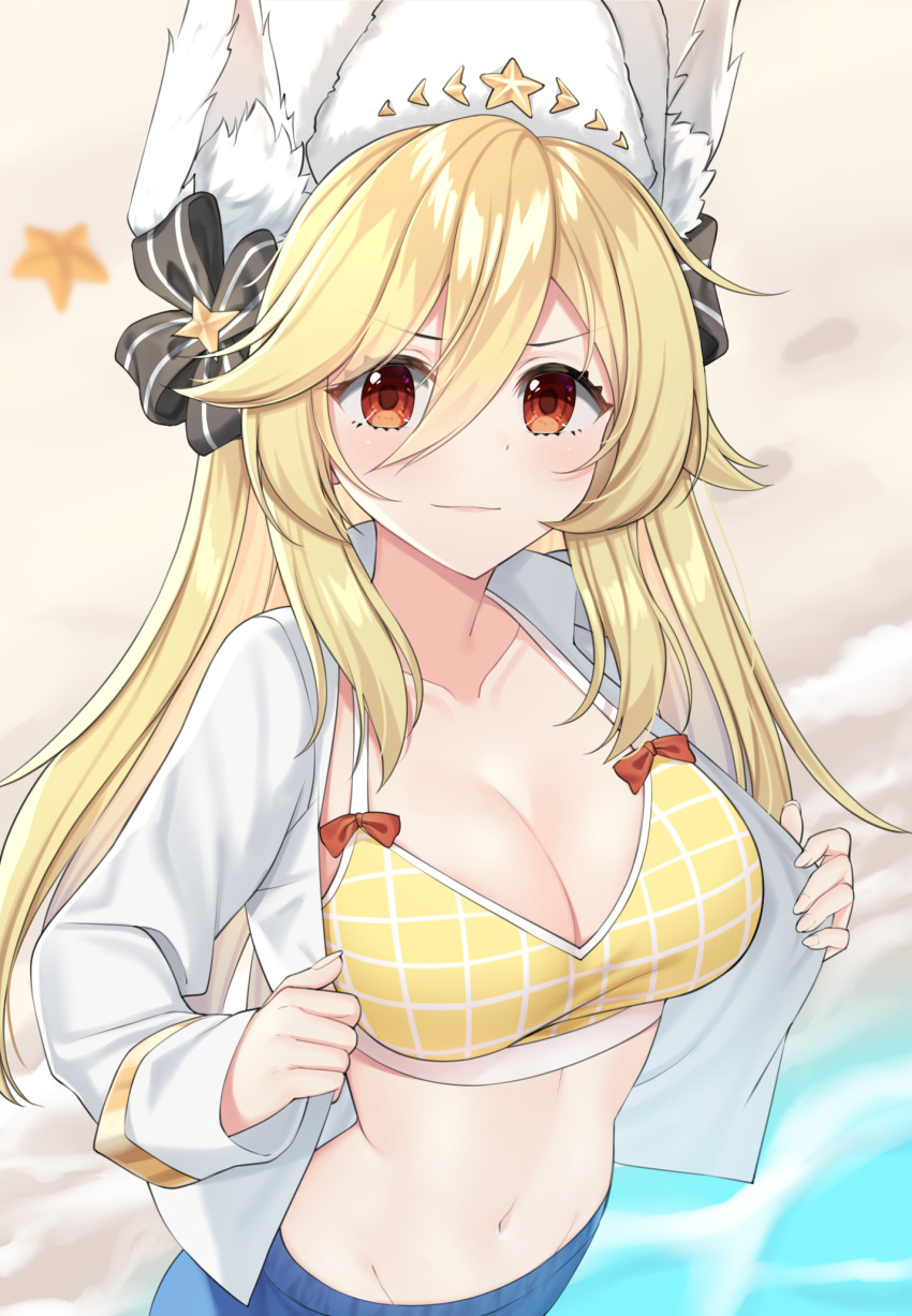 1girl alternate_breast_size animal_ears bangs beach bikini bikini_top black_bow blonde_hair bow bow_swimsuit breasts cleavage commentary english_commentary fake_animal_ears fur_hat girls'_frontline gold_trim hair_between_eyes hat hat_bow highres large_breasts light_blush light_smile long_hair long_sleeves looking_at_viewer mod3_(girls'_frontline) nagant_revolver_(girls_frontline) navel open_clothes open_shirt red_bow red_eyes rynzfrancis sand shirt sidelocks solo starfish swimsuit swimsuit_under_clothes undressing ushanka water white_shirt yellow_bikini